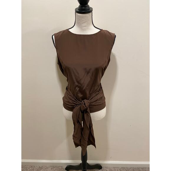 Oscar De La Renta Sleeveless Tie Waist Top 100% Silk Brown Women's Size 10 - Picture 1 of 8